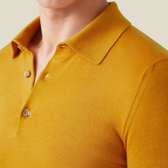 Vibrant Yellow Slim Fit Polo Knitted Shirt, Silk/Cashmere Colour: Mustard,$395 - Picture 2 of 9